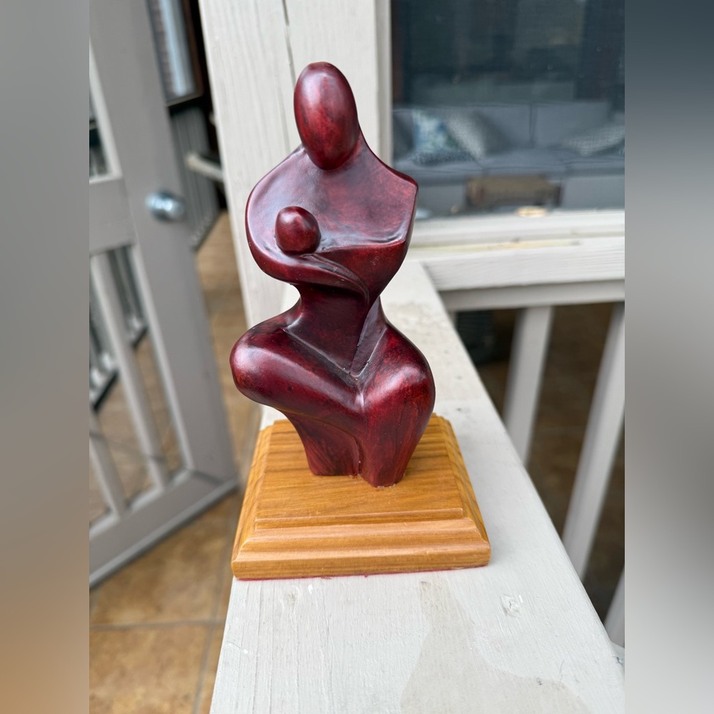 Abstract wooden mother/baby Sculpture on Wooden Base